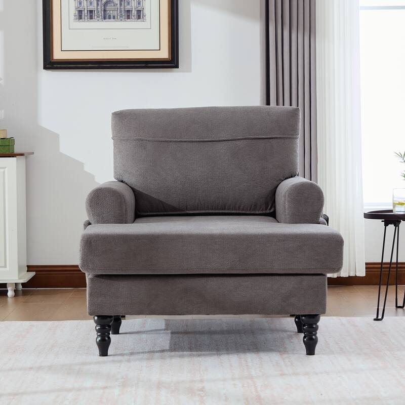 Modern Chaise Lounge Single Sofa Chair, Chenille Fabric Recliner Armchair with Side Pockets and Wooden Legs