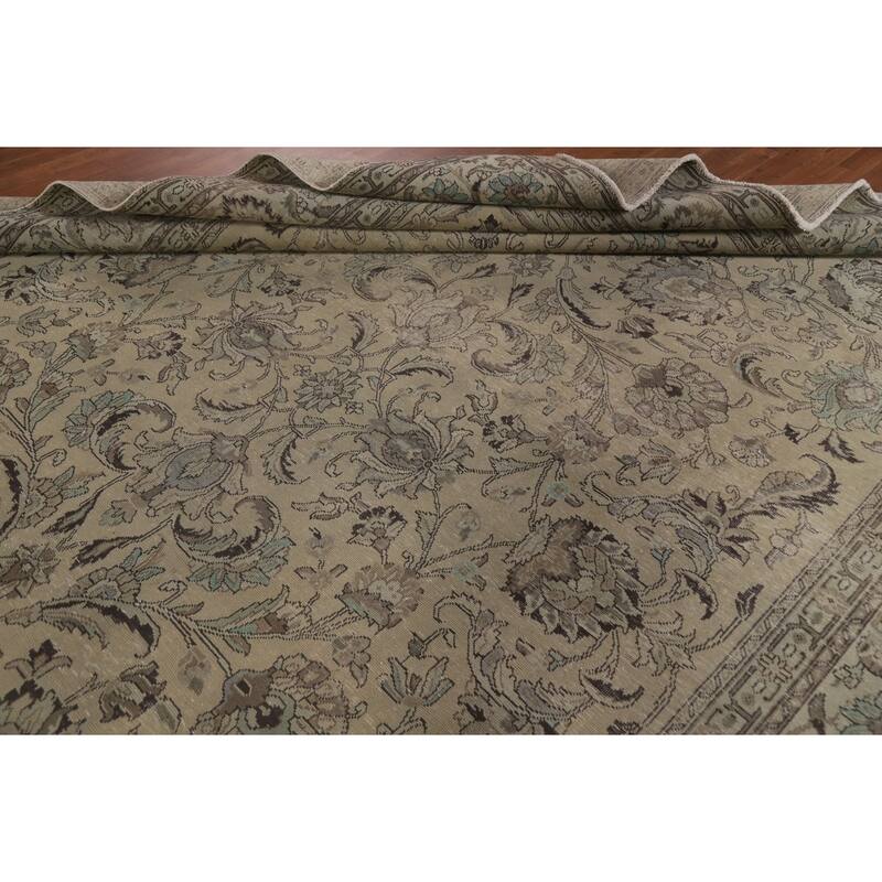 Distressed Tabriz Persian Vintage Area Rug Handmade Pink Wool Carpet - 9'7" x 12'10"