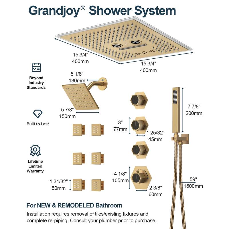 GRANDJOY LED Music Shower System 16" & 6" Dual Shower Heads with 6 Body Jets