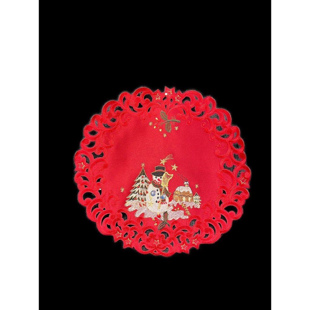 Snow Man Embroidered Cutwork Round Placemat, 12-Inch diameter