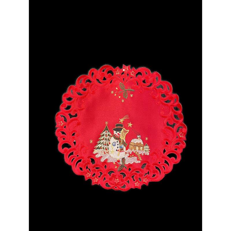 Snow Man Embroidered Cutwork Round Placemat, 12-Inch diameter