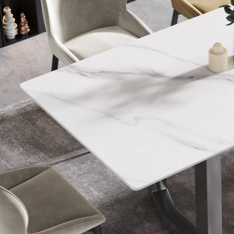 63"Modern artificial stone white straight edge metal leg dining table -6 people