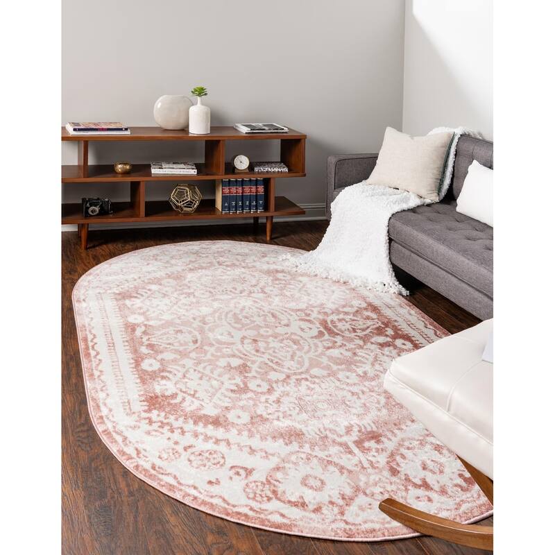 Contemporary Trabzon Collection Area Rug - Pink-Ivory - 8'x10' Oval