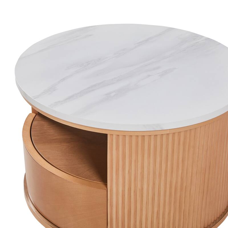 Round Nesting Coffee Table with White Marble Top, 2-Tier storage and 1 drawer, Natural, 28.5"
