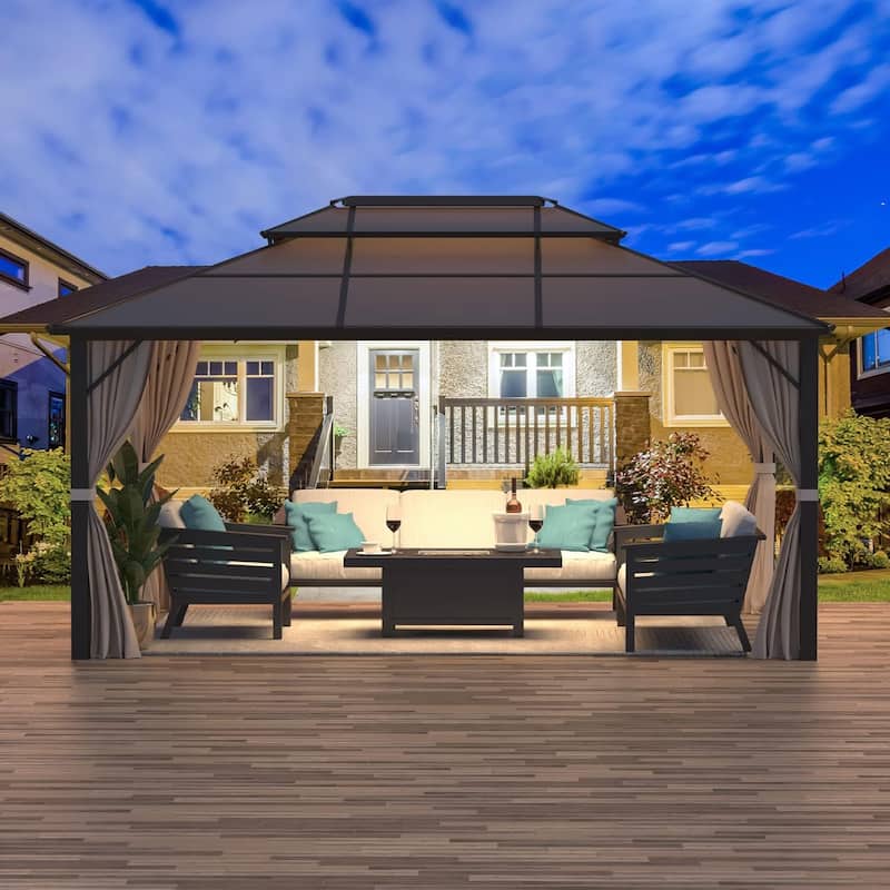 EROMMY 10x13 Outdoor Permanent Hardtop Pergola Gazebo with Double Roof Design, Featuring Premium Curtains and Netting - 10' x 13'