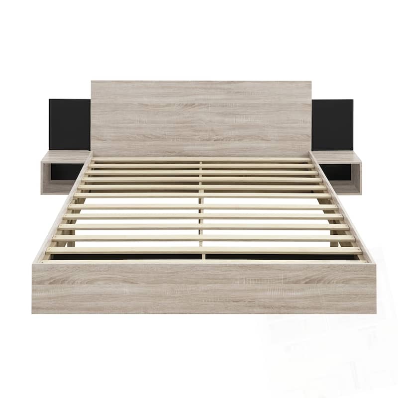 Wooden Floating Platform Bed, with LED Lights and Bedside Nightstand