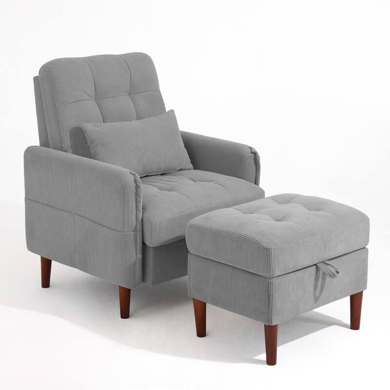 Adjustable Backrest Upholstered Accent Chair with Storage Ottoman Set