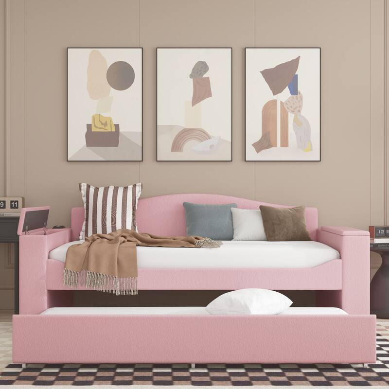 Sofa bed with storage arms, trundle bed and Bluetooth stereo - Pink - Twin