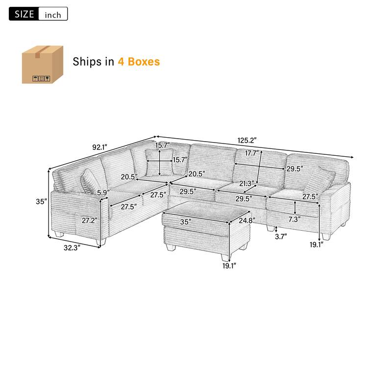 125.2" Corduroy U-Shaped Sectional Sofa with Movable Ottoman and Side Storage Pockets