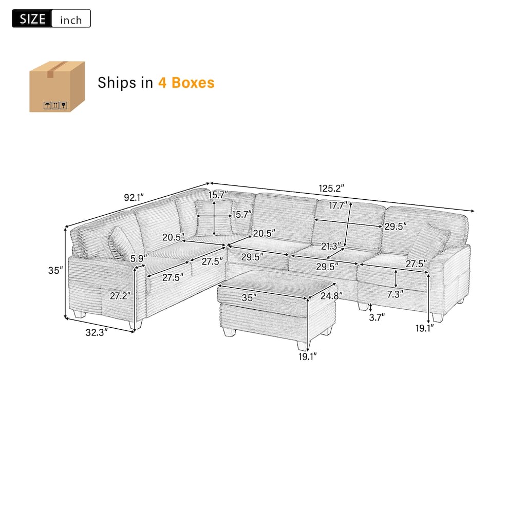 U Shaped Sectional Sofa with 1 Movable Ottoman, Corduroy Upholstered 6 Seater Sofa, Corner Sofa with Storage Pockets