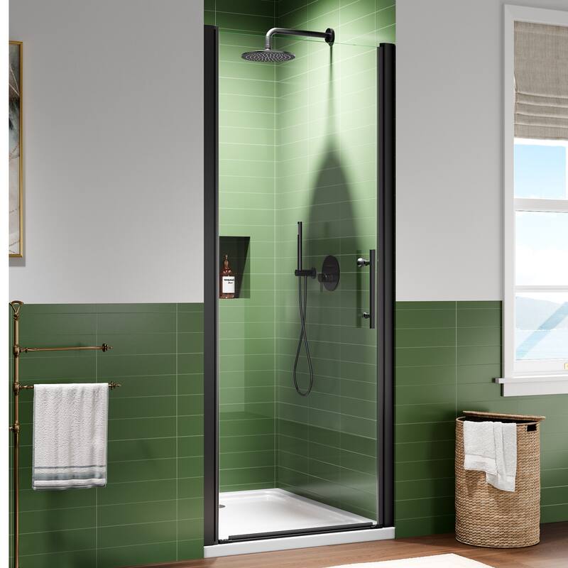 Matte Black Hinged Shower Door 32x75, 6mm Tempered Glass, Headerless, 1.5 in Adjustable, Left/Right In/Out