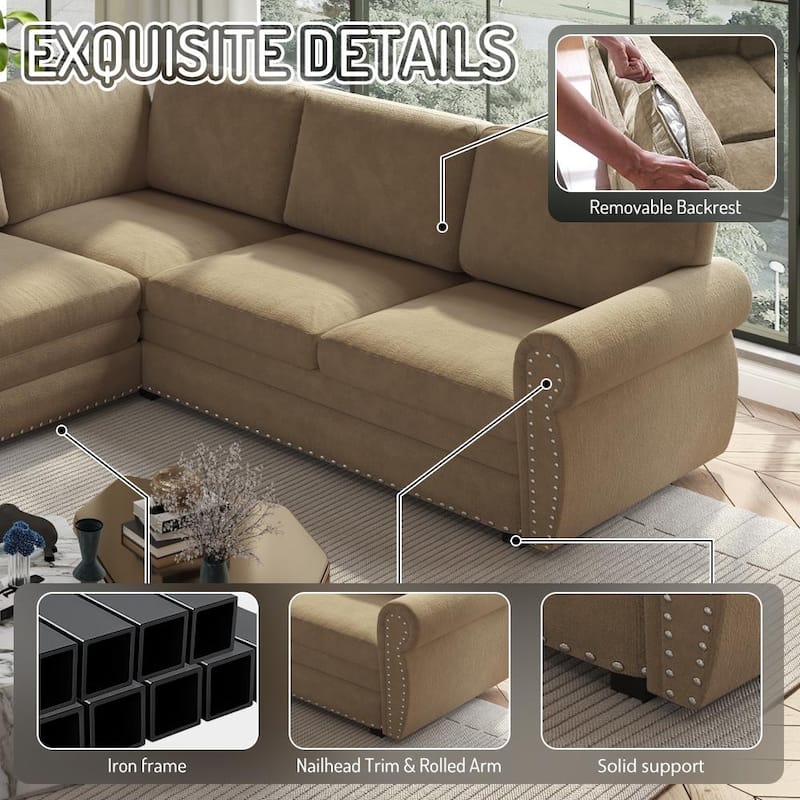 Homy Casa L-Shaped Sectional Sofa w/ Pull-Out Bed, Chenille Sleeper Couch w/ Nailhead Trim & Rolled Arm, Oversize