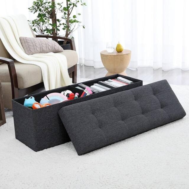 Foldable Tufted Linen Storage Ottoman Bench Foot Rest Stool/Seat - Black