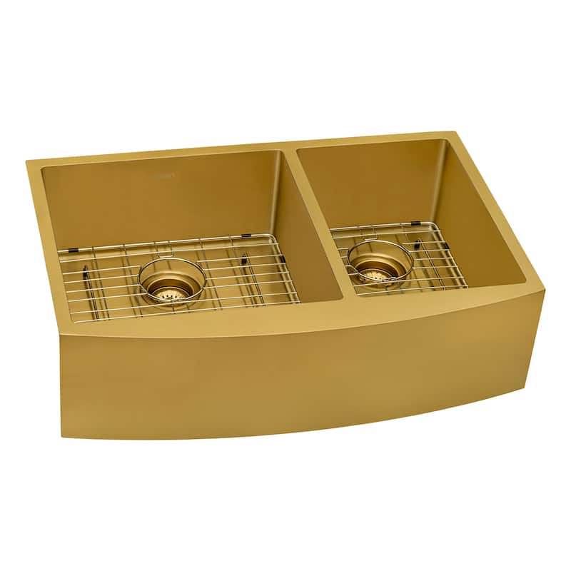 Ruvati 33-inch Satin Matte Gold Stainless Steel 60/40 Double Bowl Apron-Front Farmhouse Kitchen Sink - - 33" X 22" - 33" X 22"