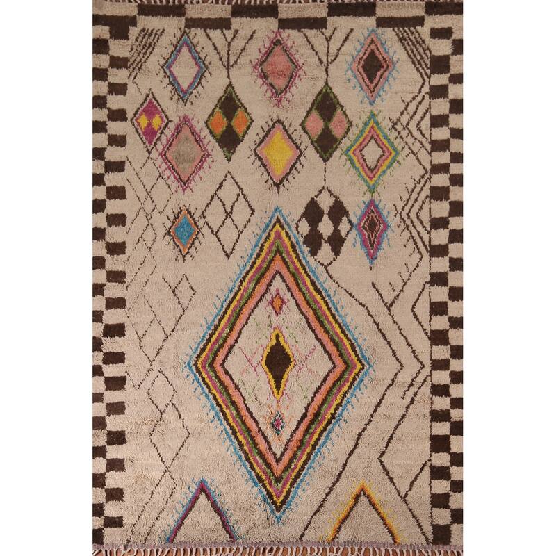 Hand Knotted Oriental 100% Wool Carpet Modern Tribal Beige & Ivories Moroccan Area Rug - 10' 3'' X 7' 6''