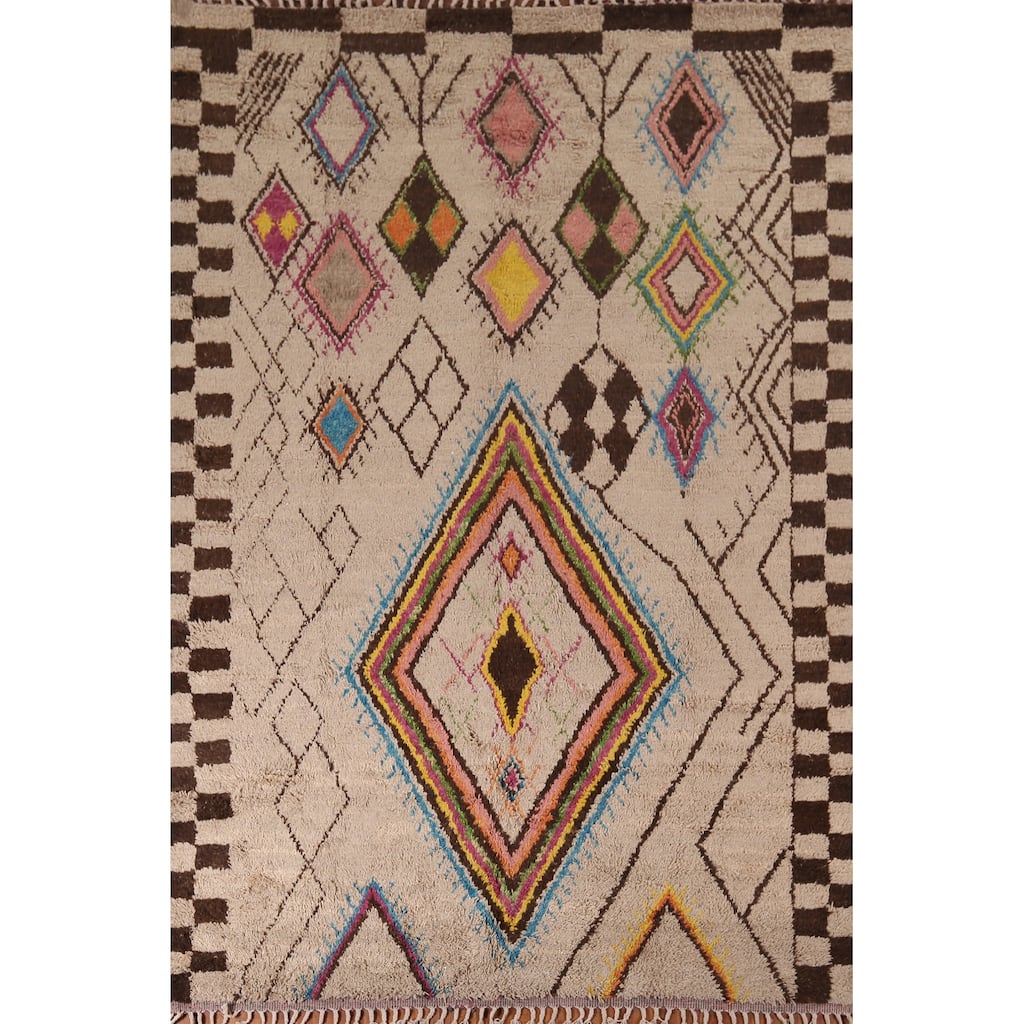 Hand Knotted Oriental 100% Wool Carpet Modern Tribal Beige & Ivories Moroccan Area Rug - 10' 3'' X 7' 6''
