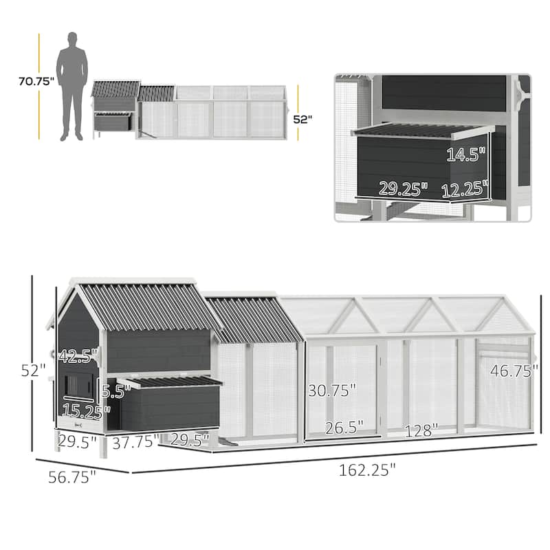 PawHut 162" Large Chicken Coop Wooden with Handles, Outdoor Chicken Cage Hen House with Nesting Boxes, Roof, Tray, Ramp