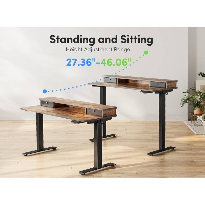 FEZIBO Height Adjustable Electric Standing Desk with Double Drawer, Stand Up Desk with Storage Shelf, Sit Stand Desk