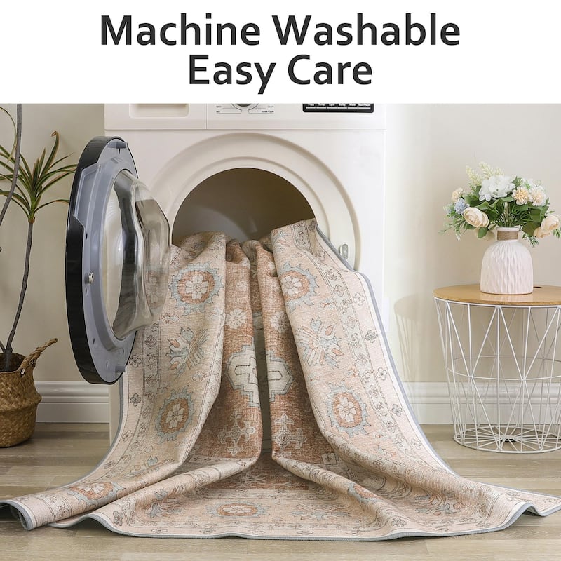 Mcow Sage Green Boho Pattern Ultra-Thin Low-Pile Washable Non-Slip Area Rug