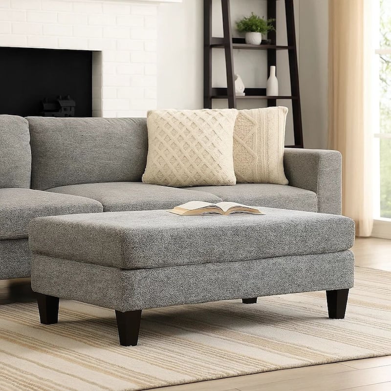 Fabric Upholstered Wooden Ottoman with Tapered Legs, Gray