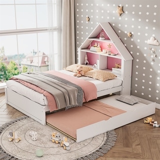 Full Size House-Shaped Bed with Bookcase Headboard and Led Light and Twin Size Trundle for Kids Boys Girls, Pink+ Whit