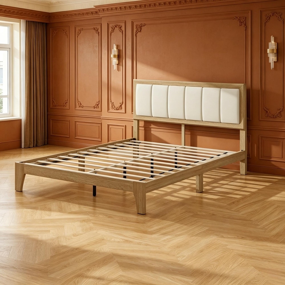 Low-Profile Bed Base Wooden Bed Frame,Bed Frame with Upholstered Headboard