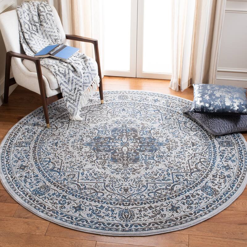 SAFAVIEH Alhambra Roska Vintage Oriental Rug - 6'7" Round - Light Grey/Navy