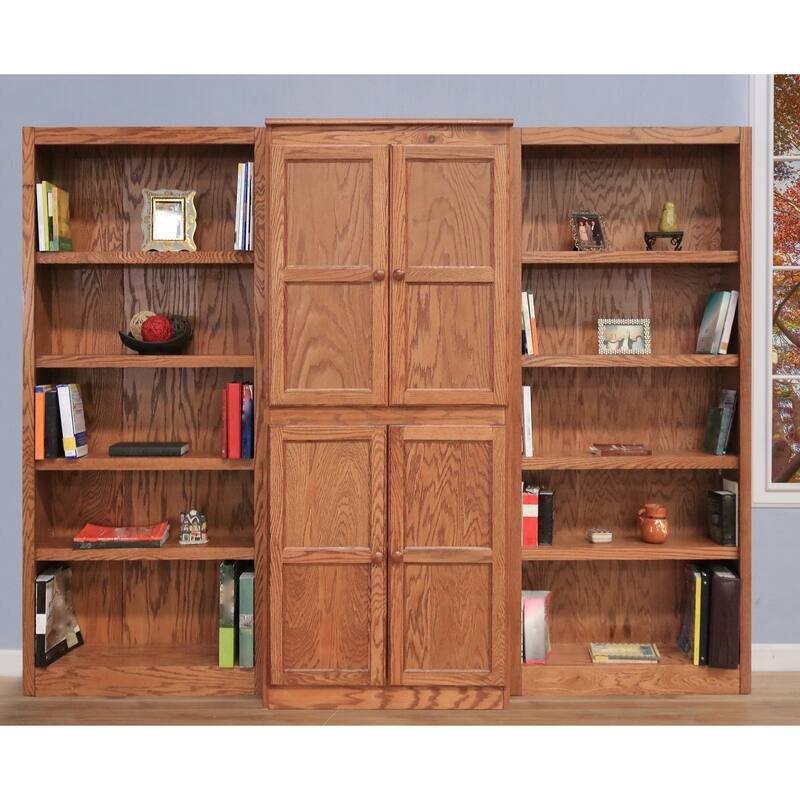 Concepts in Wood 15 Shelf Bookcase Wall with Doors, 72 inch Tall - Oak