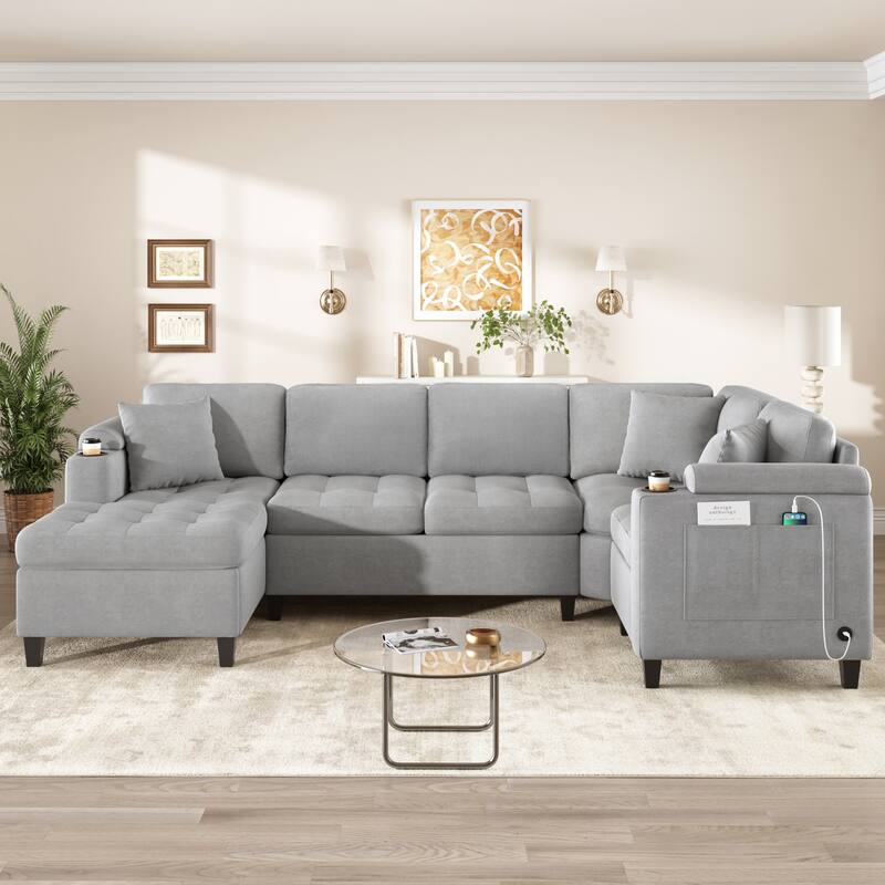 Oversized Corner Sectional, Modern U-Shaped Sectional Sofa with Built-in Storage Boxes and Dual Cup Holders, USB Ports, Pockets - Light Grey