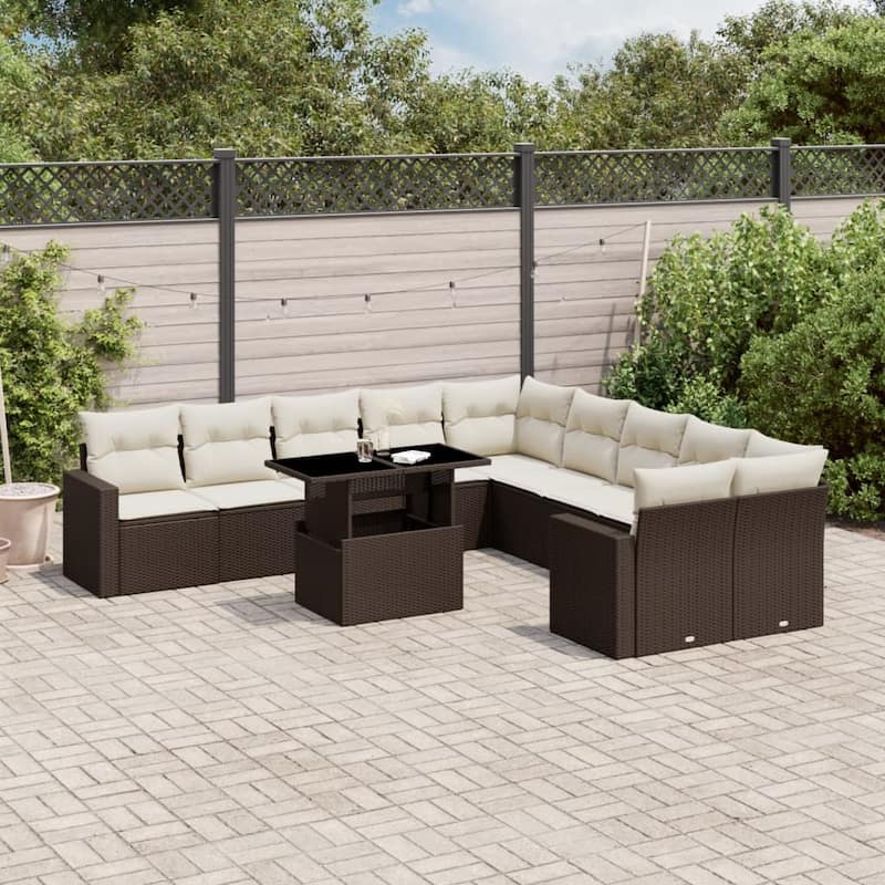 vidaXL Patio Sofa Set with Cushions Outdoor Furniture 11 Piece Poly Rattan - 21.7 x 39.4 x 28.7 - Brown and Cream