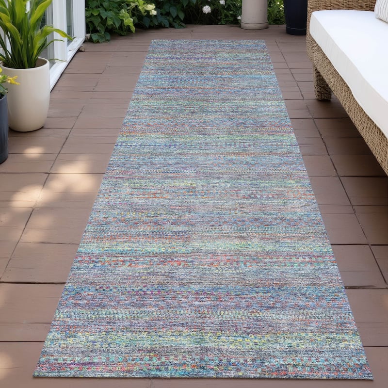 Machine Washable Indoor/Outdoor Modern Stripes Chantille Rug - Blue - 2'3" x 7'6"