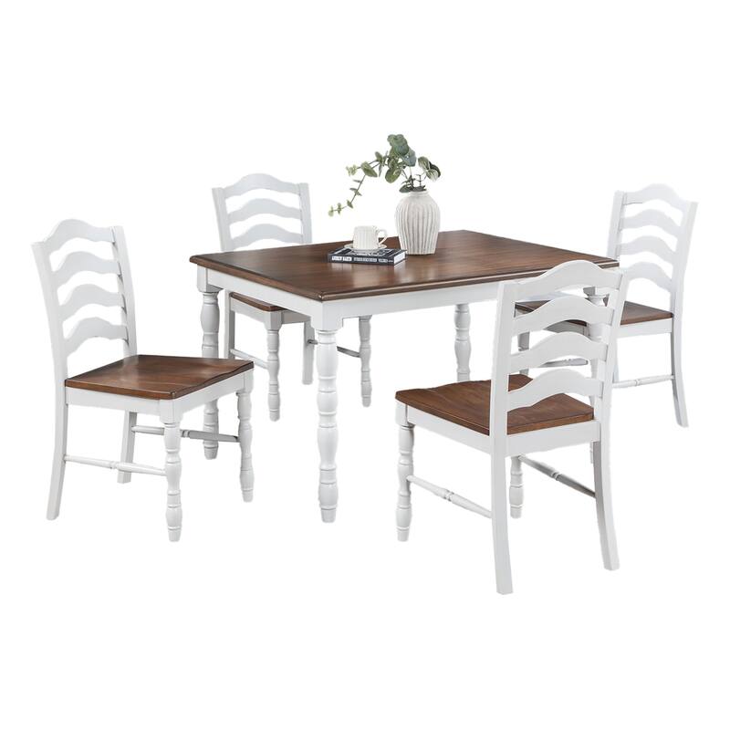 White 5-Pcs Dining Set Dining Table Chairs Unique Legs Natural wood Grain Look Top Kitchen Table