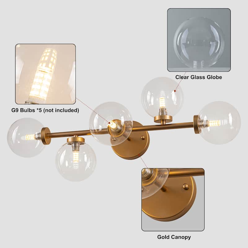 Modern 5-Light Bathroom Vanity Light Globe Glass Wall Sconces Minimalist Design - Gold