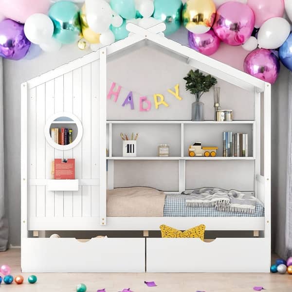 slide 2 of 13, Modern Twin Size House Bed Kids Bed with 2 Drawers and Storage Shelf,Solid Construction White