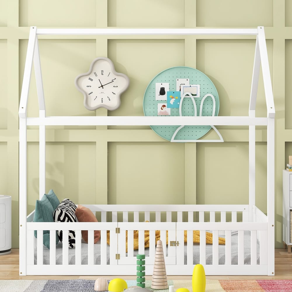 Wood House Bed without Slats, House Shaped Floor Bed Frame with Fence and Door, Solid Pine Kids Playhouse Bed with Roof