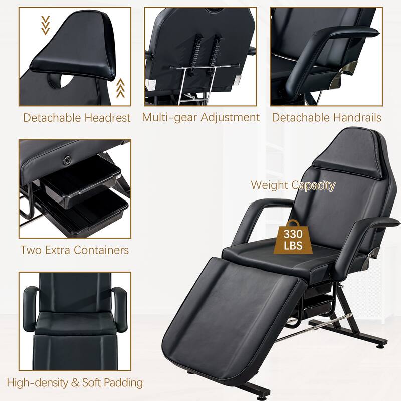 Massage Salon Tattoo Chair - 3-Section Adjustable Facial Bed with Two Trays & Hydraulic Stool, Multi-Purpose Spa Equipment