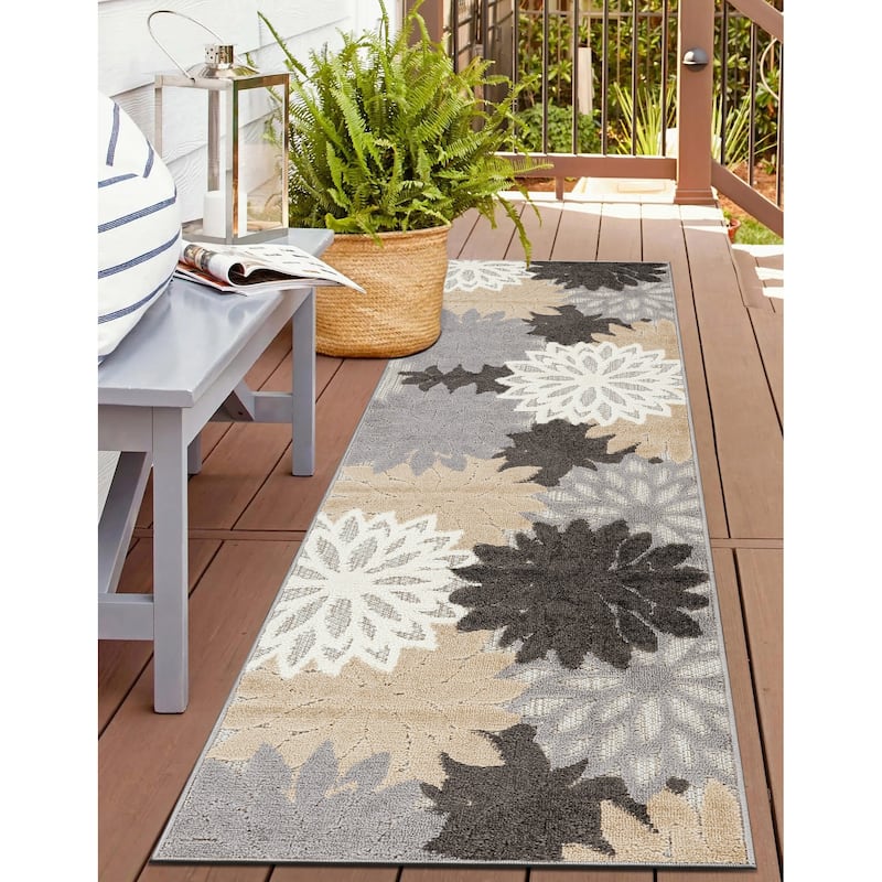 World Rug Gallery Indoor/Outdoor High-Low Textured Area Rug, Floral Easy-Clean Patio Rug - 2' x 7' - Gray