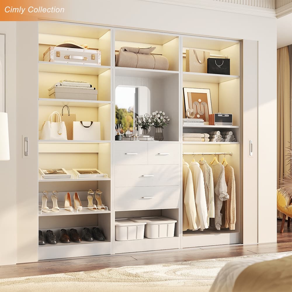 Cimly Set of 3 Freestanding Closet System with Drawers and Shoe Racks, 75'' Closet Organizer with Hanging Rods and Mirror