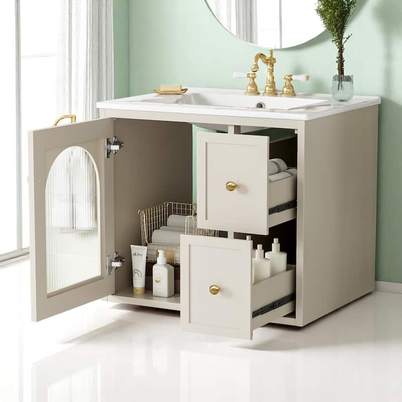 Modern 24 Inch Bathroom Vanity with Sink, Floating Cabinet with Storage Drawers and Glass-Door Compartment
