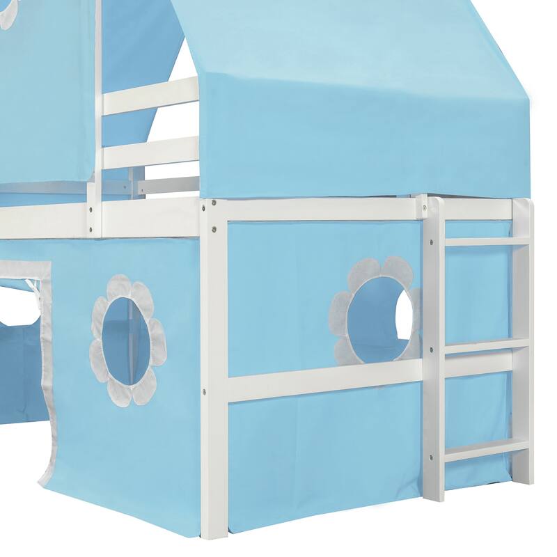 Kids Loft Bed Bed Castle-Shaped Bunk Bed with Slide and Safety Guardrail, Playhouse Bed with Tent & Tower Decor for Kids