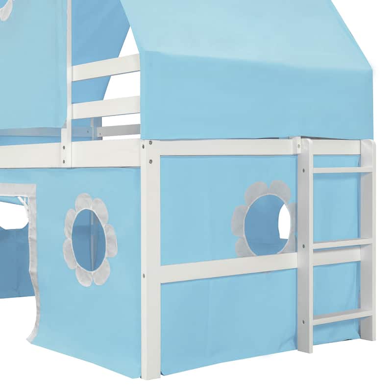 Twin Playhouse Loft Bed with Bed Tent and Semi-enclosed Underbed Space
