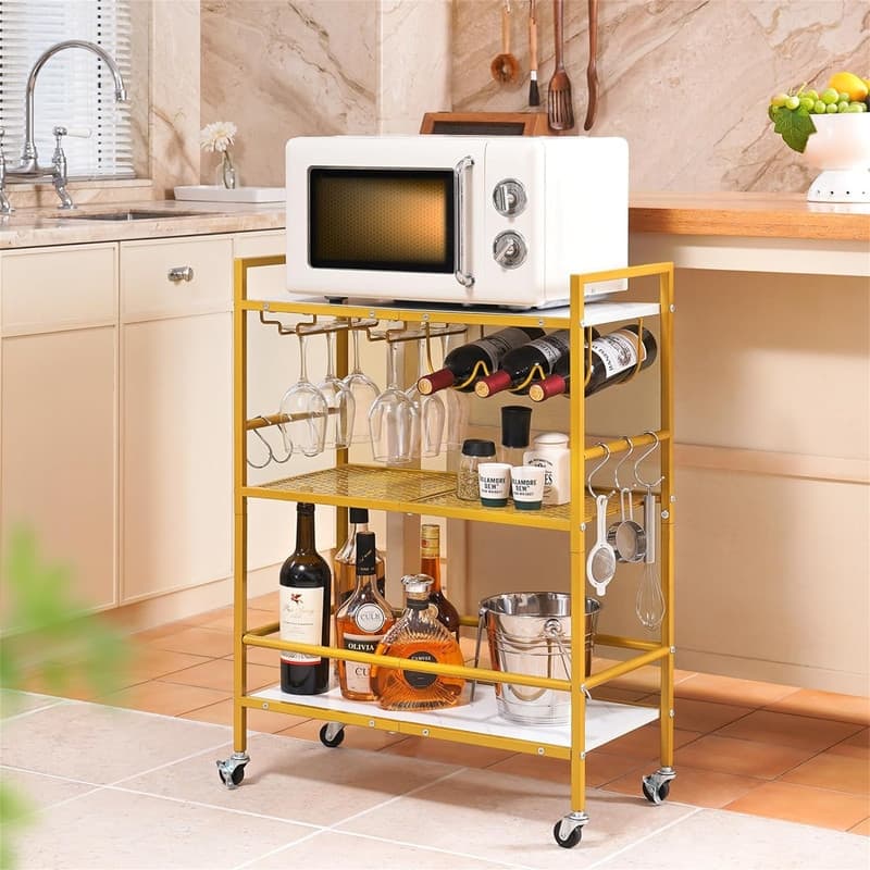 Bar Carts for The Home 3Tier Rolling Kitchen Cart with Wine Rack and Glass Holder - 23.6"D x 11.8"W x 32.5"H