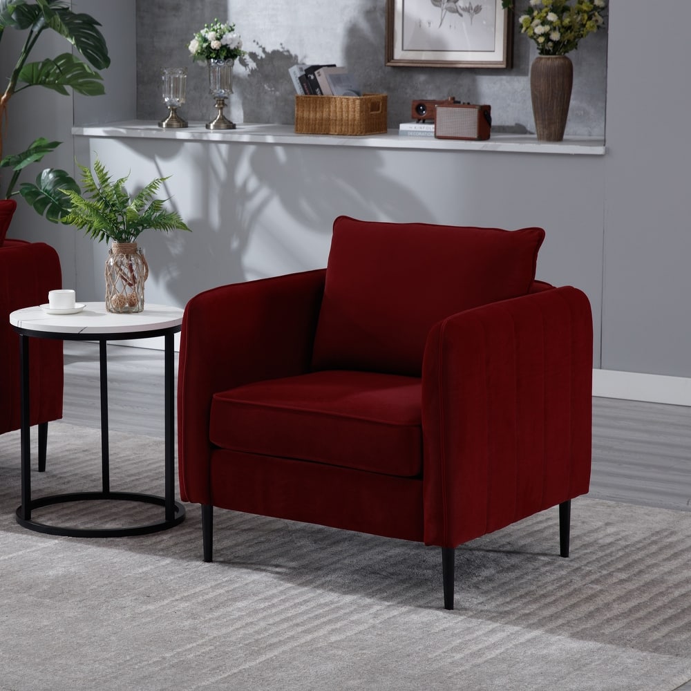 Velvet Accent Chair, Comfy Upholstered Single Sofa Chair, Armchair with 1 Pillow and Metal Legs for Living Room, Bedroom