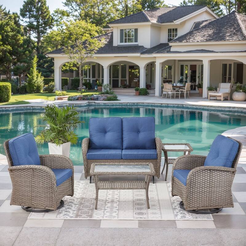 Outdoor Glider Sofa with Swivel Chair Grey-Blue - Grey - Grey - Blue