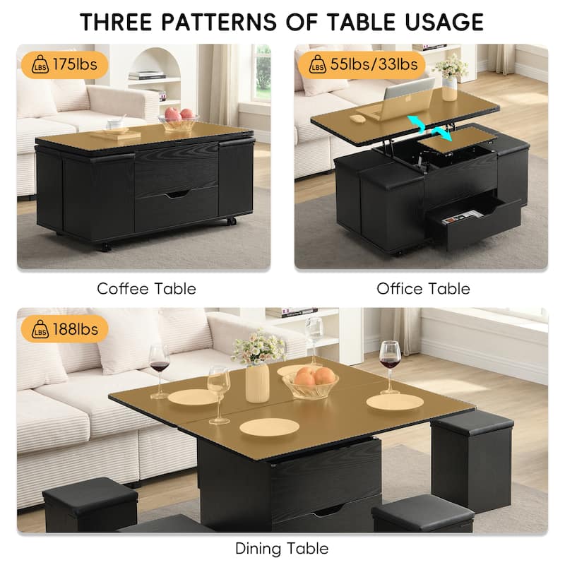 Multi-Functional Lift-Top Coffee Table with Hidden Storage, 4 Stools & Casters, Modern Center Table for Small Spaces