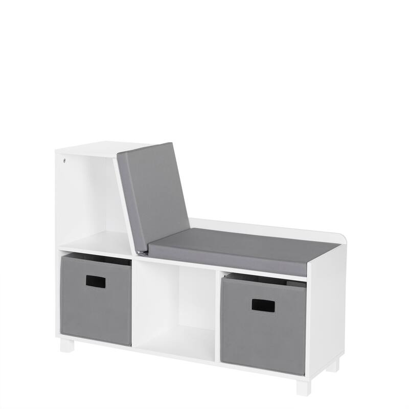 RiverRidge Kids Reading Nook Cushioned Toy Storage Bench with Cubby Organizers with Optional Fabric Bins- White