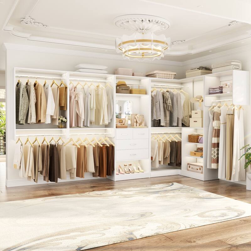 Set of 4/ 5 Modular Closet System with Drawers and Mirror, Corner Closet Organizer with Hanging Rods and Shelves