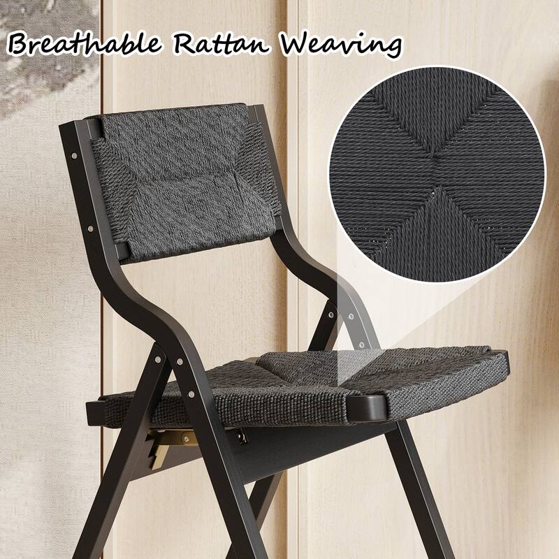 Wood Folding Chairs, Foldable Chairs Wooden Stackable Dining Chairs with Woven Seat & Webbing Back, Dining Chair Set of 2