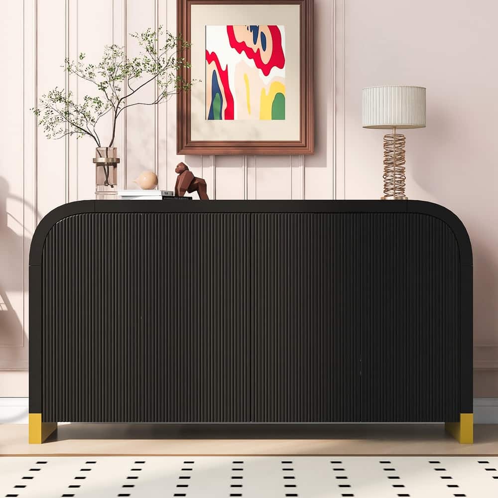 4-door Curved Corner Design Wavy Door Panel Cabinet with Adjustable Shelves, Suitable for Study, Living Room