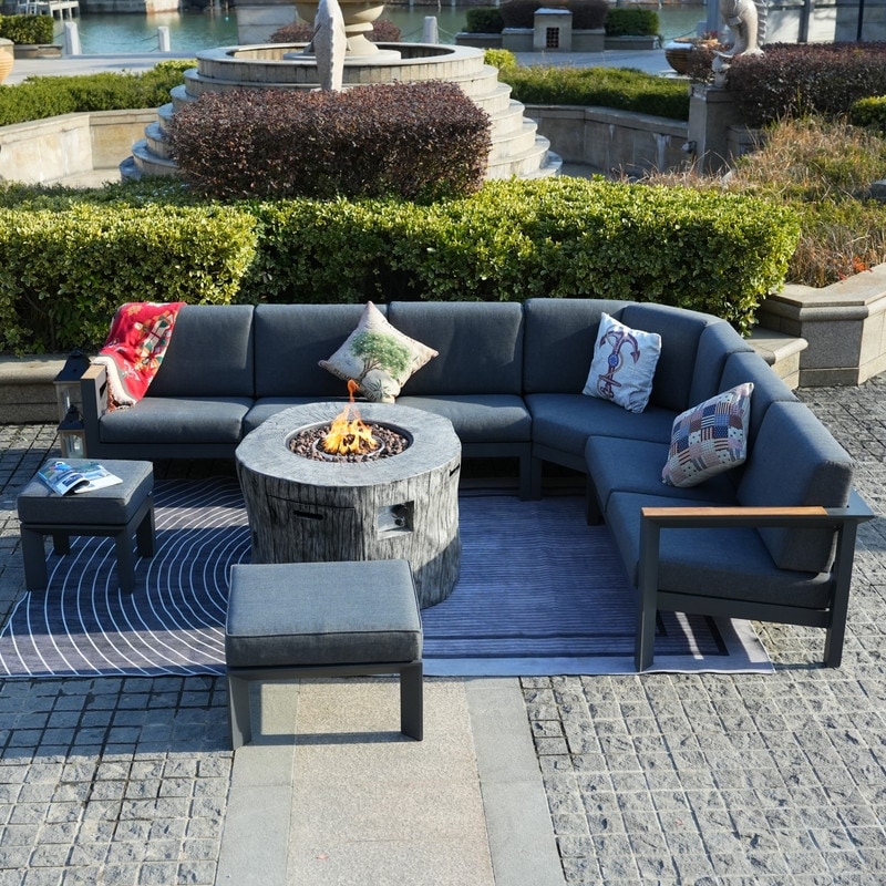 7 Piece Patio Aluminum L Shape Conversation Sofa Set with Firepit Table